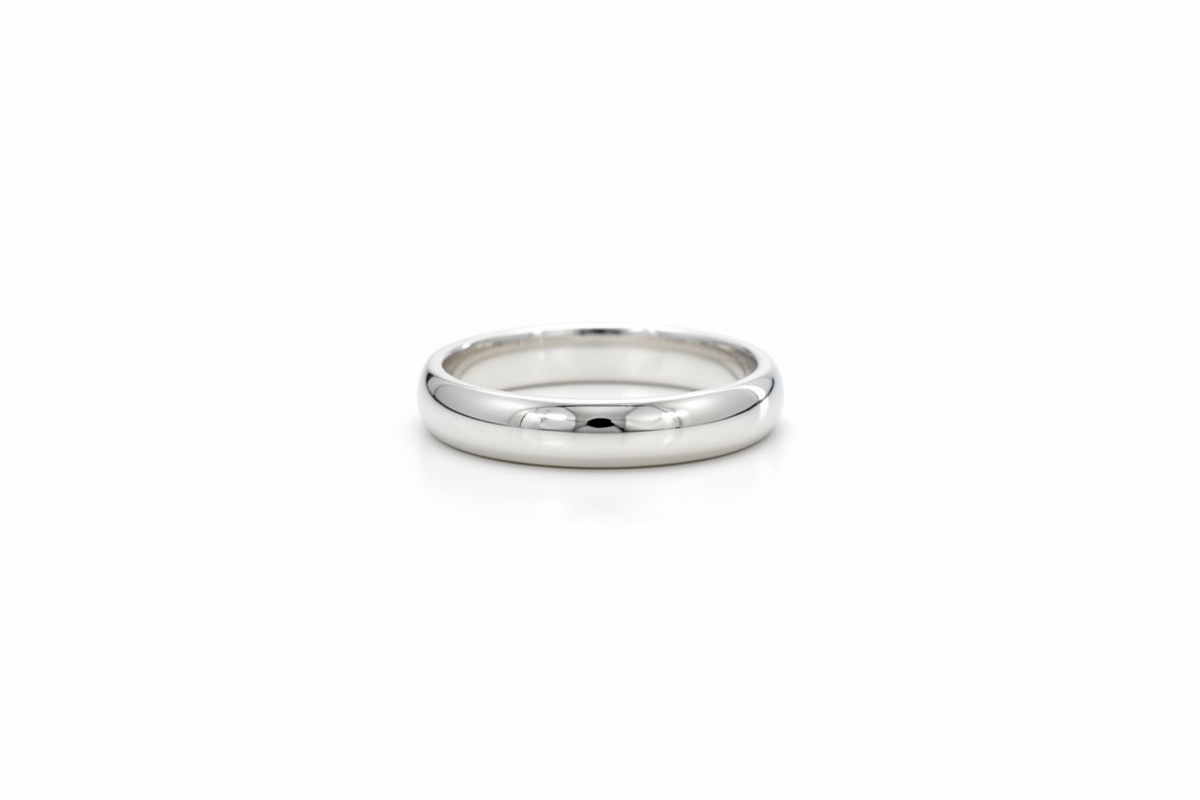 Sterling silver Polished D Band ring with a smooth reflective finish and rounded profile on a white background