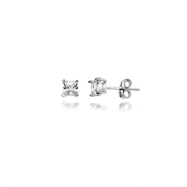 Pair of silver stud earrings with princess cut square cz stones on a white background