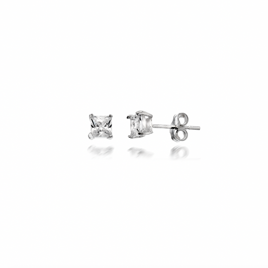 Pair of silver stud earrings with princess cut square cz stones on a white background