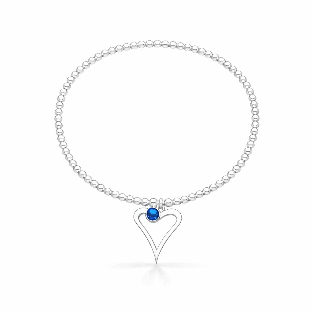 Silver birthstone bracelet with a heart-shaped charm on a white background