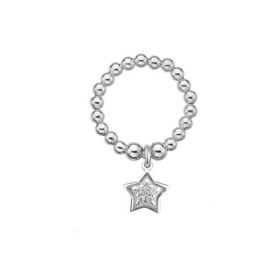 Silver ring with a star-shaped charm on a white background