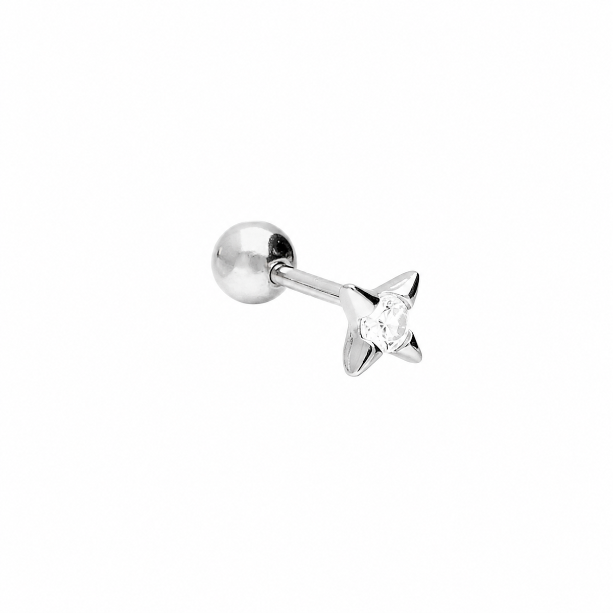 Silver-coloured four-point star cartilage stud with a clear centre stone and ball back on a white background