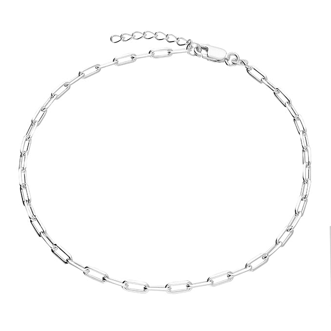 Sterling silver Teeny Trace Bracelet with elongated oval links, lobster clasp and extension chain on a white background