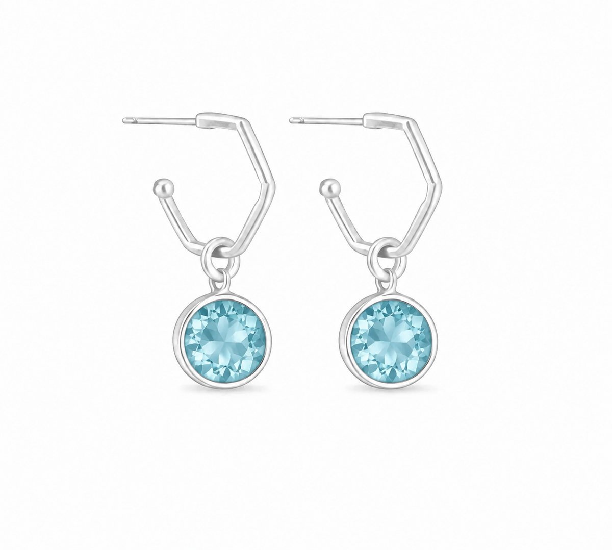 A pair of silver drop hoop earrings with round light blue gemstone pendants, shown against a plain white background.