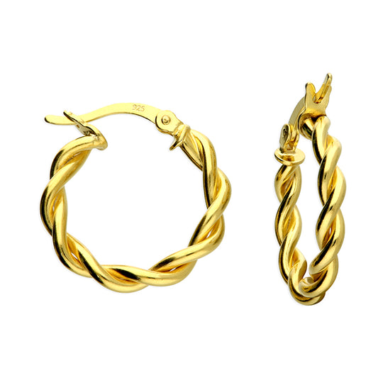 Pair of 18ct gold-plated twisted rope-style hoop earrings with hinged fastenings on a white background